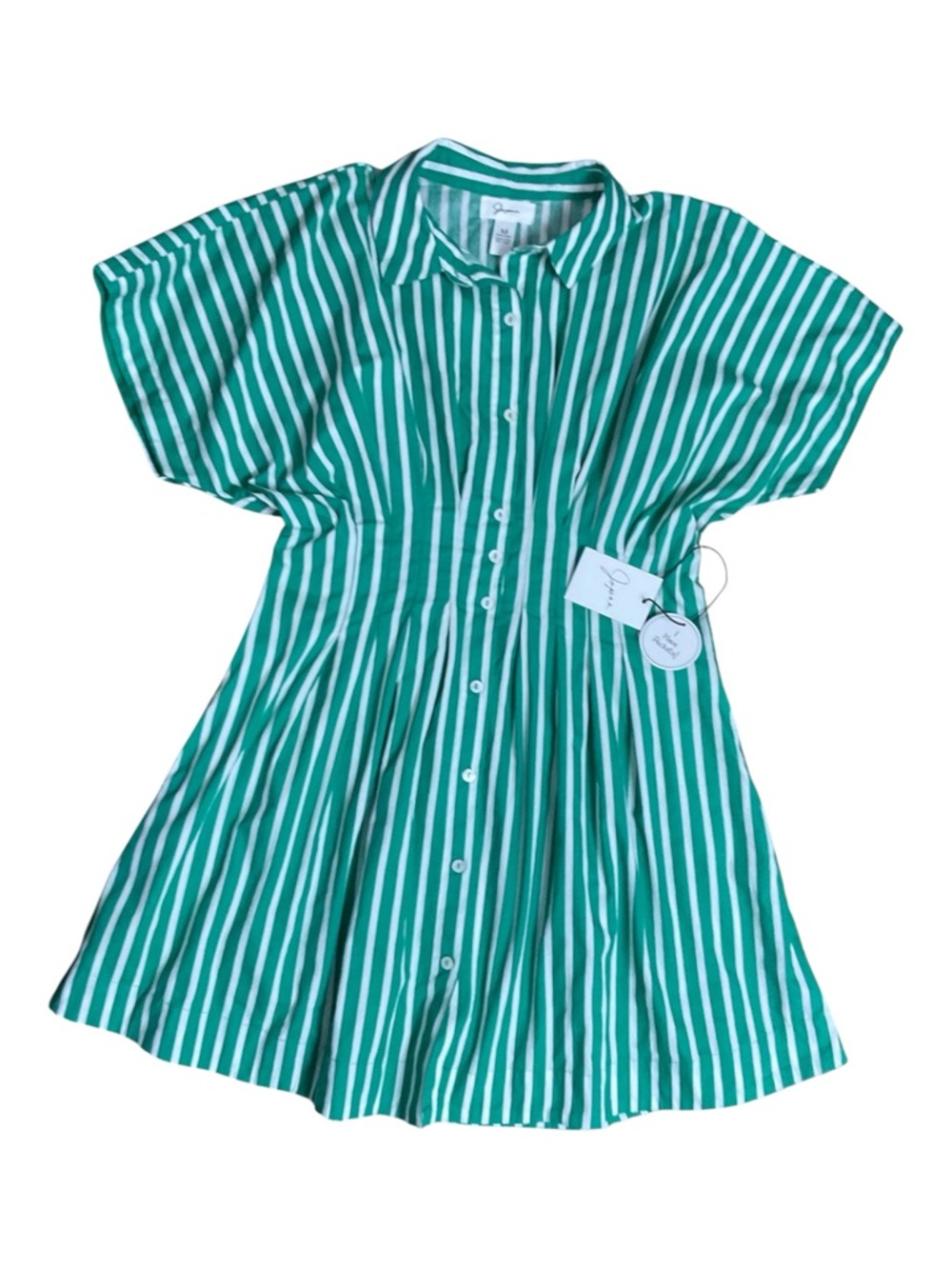 Jaxon Green & White Striped Pleated Waist Shirt Dress - 100% Cotton - NWT